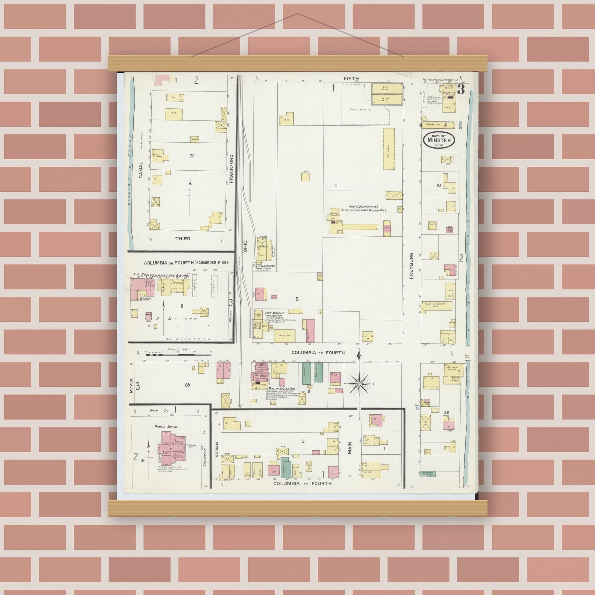 Old map wall art mockup — magnetic wood frame on brick wall — Sanborn Fire Insurance Map from Minster, Auglaize County, Ohio (1907), Sheet #0003