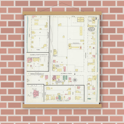 Old map wall art mockup — magnetic wood frame on brick wall — Sanborn Fire Insurance Map from Minster, Auglaize County, Ohio (1907), Sheet #0003