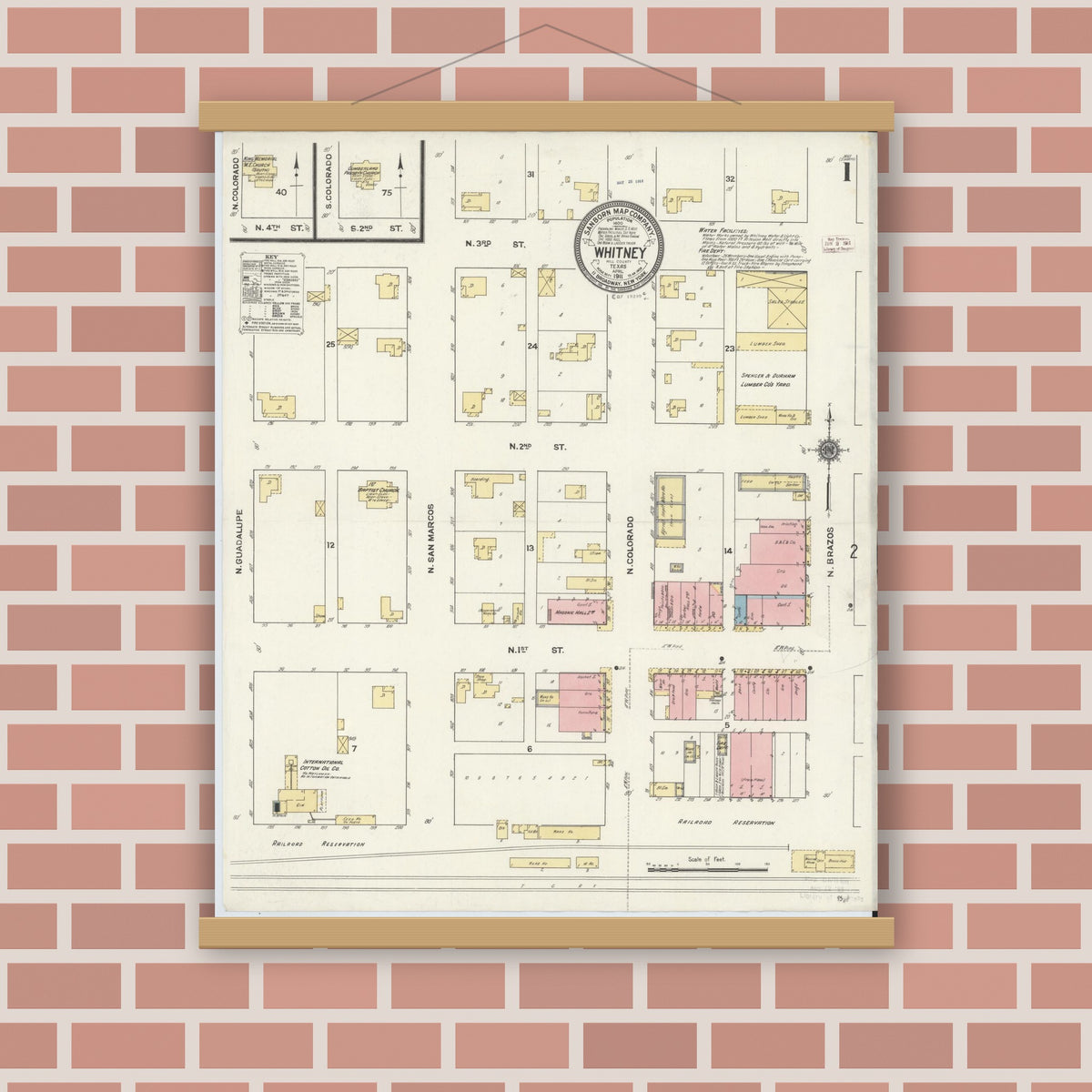 Old map wall art mockup — magnetic wood frame on brick wall — Sanborn Fire Insurance Map from Whitney, Hill County, Texas (1911), Sheet #0001