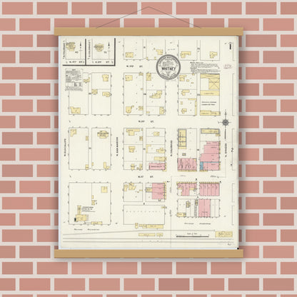 Old map wall art mockup — magnetic wood frame on brick wall — Sanborn Fire Insurance Map from Whitney, Hill County, Texas (1911), Sheet #0001