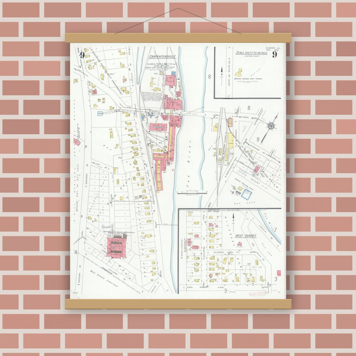 Old map wall art mockup — magnetic wood frame on brick wall — Sanborn Fire Insurance Map from Dundee, Kane County, Illinois (1933), Sheet #0009