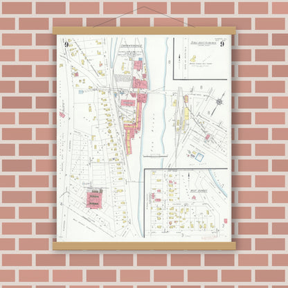 Old map wall art mockup — magnetic wood frame on brick wall — Sanborn Fire Insurance Map from Dundee, Kane County, Illinois (1933), Sheet #0009