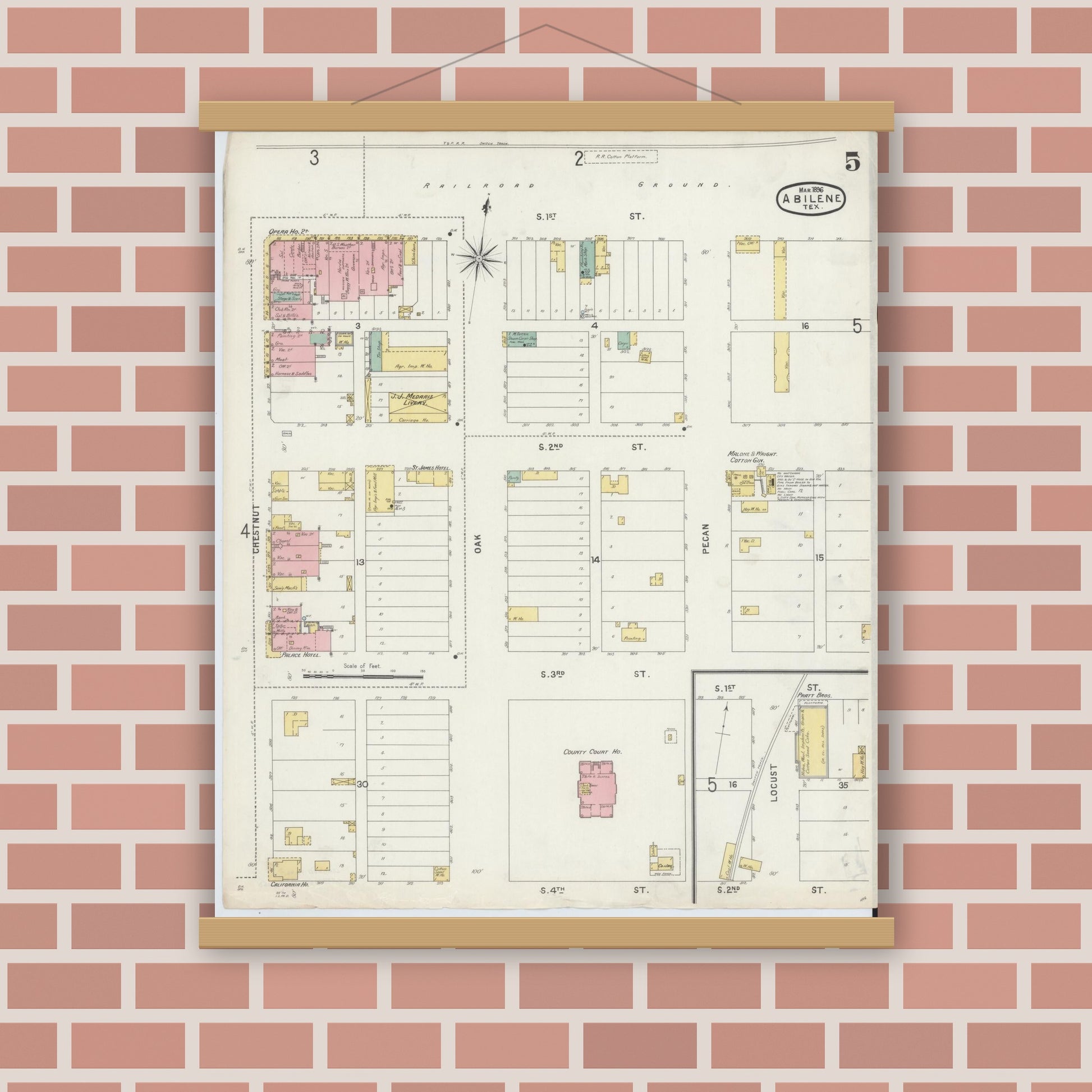 Old map wall art mockup — magnetic wood frame on brick wall — Sanborn Fire Insurance Map from Abilene, Taylor County, Texas (1896), Sheet #0005