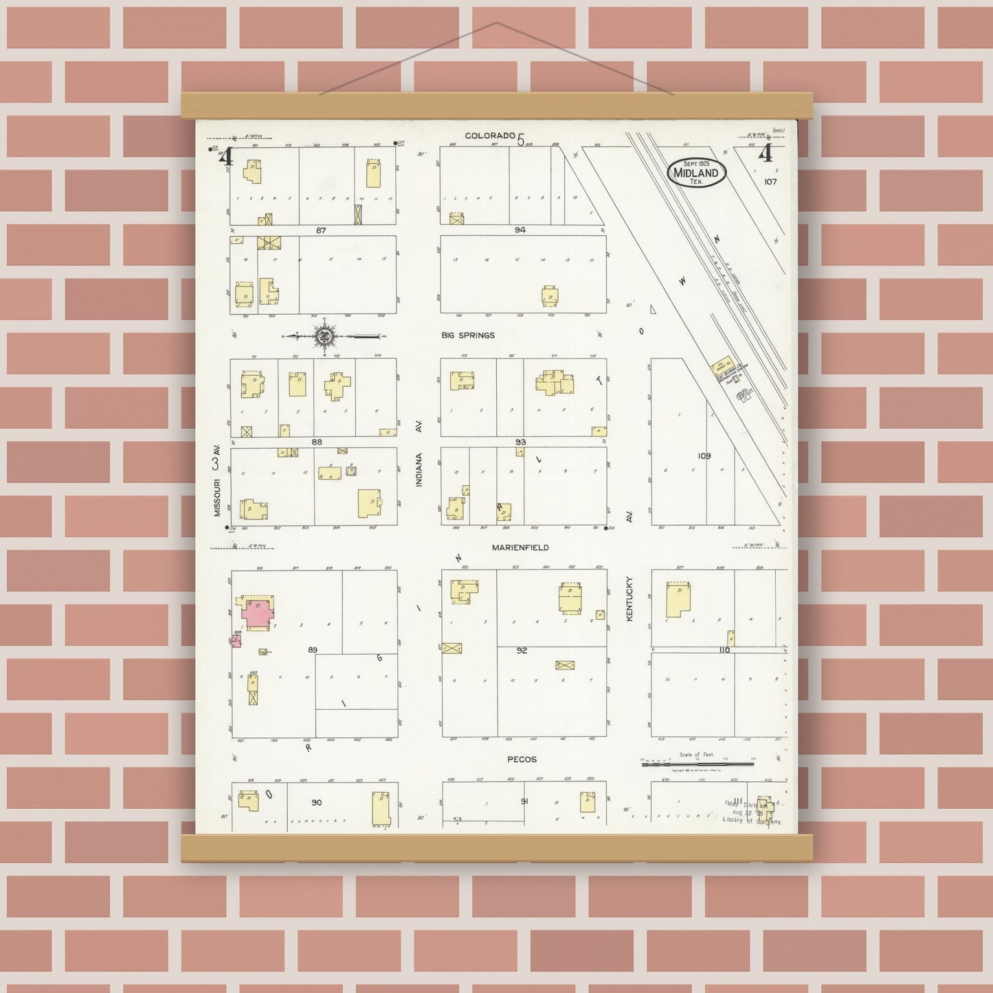 Old map wall art mockup — magnetic wood frame on brick wall — Sanborn Fire Insurance Map from Midland, Midland County, Texas (1925), Sheet #0004