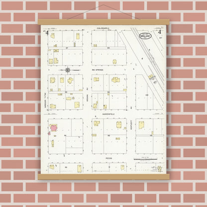 Old map wall art mockup — magnetic wood frame on brick wall — Sanborn Fire Insurance Map from Midland, Midland County, Texas (1925), Sheet #0004