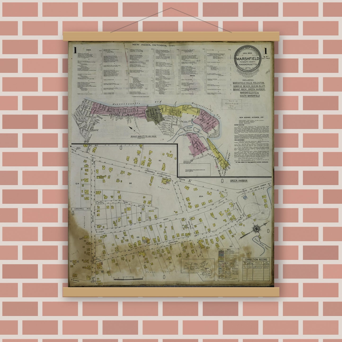 Old map wall art mockup — magnetic wood frame on brick wall — Sanborn Fire Insurance Map from Marshfield, Plymouth County, Massachusetts (1954) - Complete Map Set