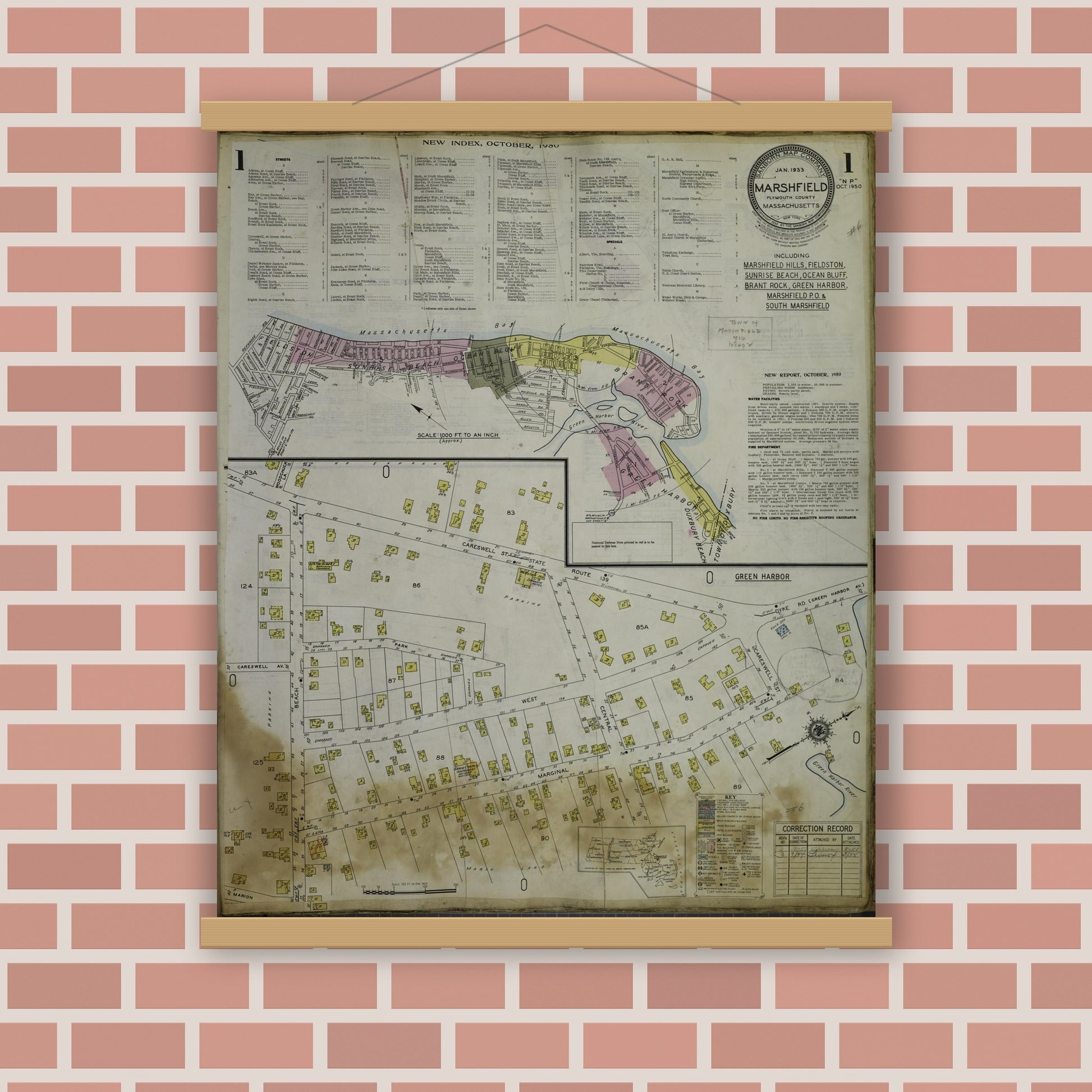 Old map wall art mockup — magnetic wood frame on brick wall — Sanborn Fire Insurance Map from Marshfield, Plymouth County, Massachusetts (1954) - Complete Map Set