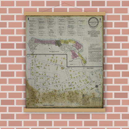 Old map wall art mockup — magnetic wood frame on brick wall — Sanborn Fire Insurance Map from Marshfield, Plymouth County, Massachusetts (1954) - Complete Map Set