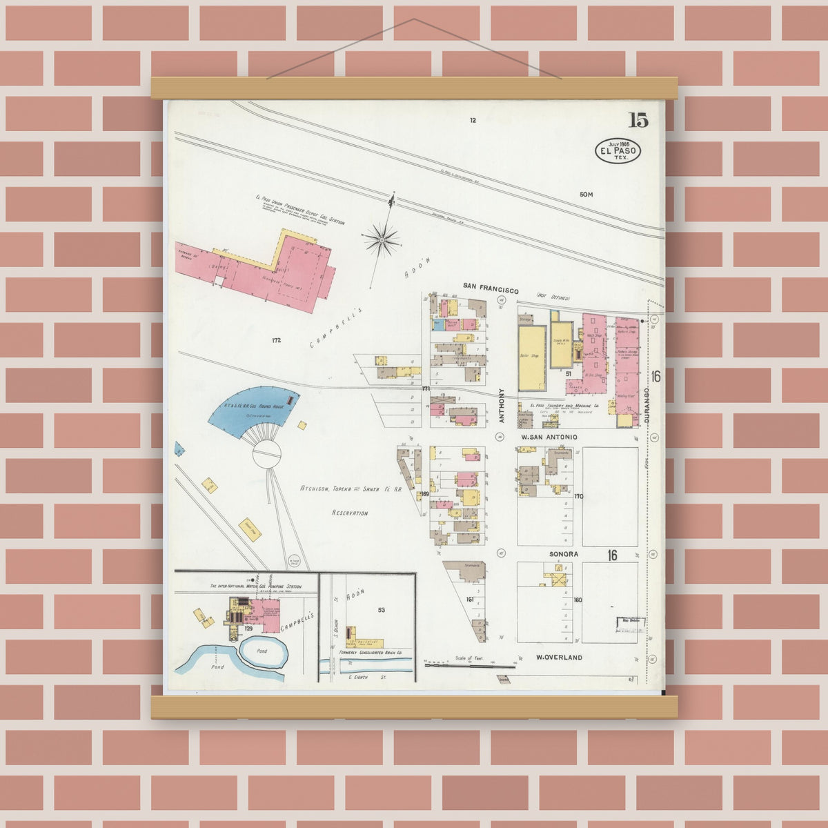 Old map wall art mockup — magnetic wood frame on brick wall — Sanborn Fire Insurance Map from El Paso, El Paso County, Texas (1905), Sheet #0015