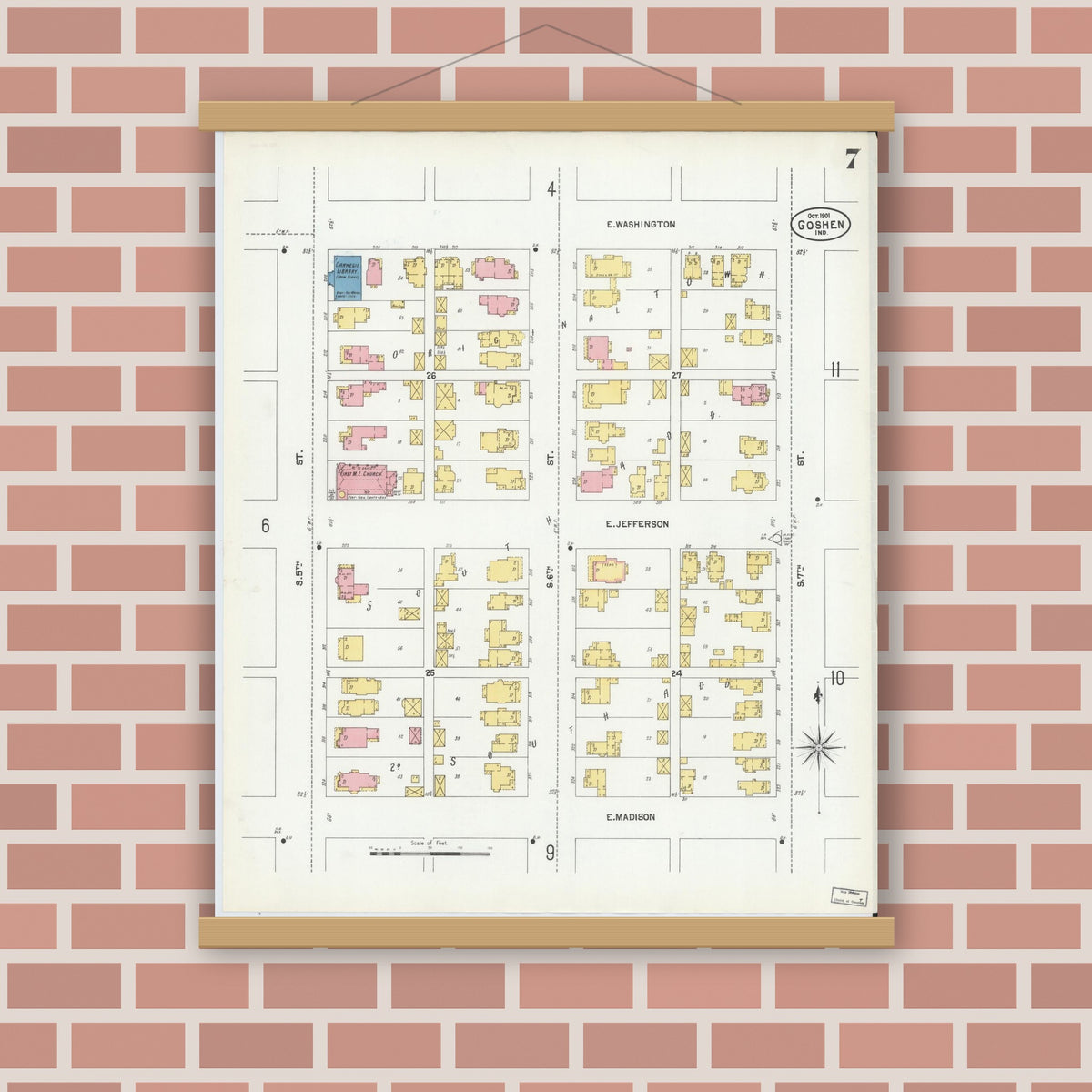Old map wall art mockup — magnetic wood frame on brick wall — Sanborn Fire Insurance Map from Goshen, Elkhart County, Indiana (1901), Sheet #0007