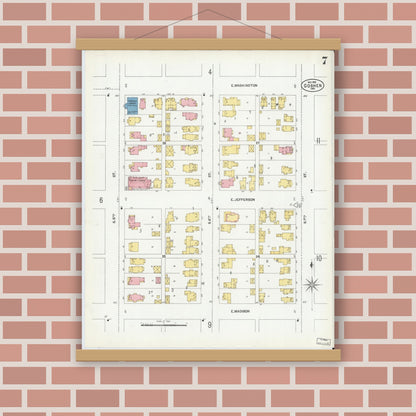 Old map wall art mockup — magnetic wood frame on brick wall — Sanborn Fire Insurance Map from Goshen, Elkhart County, Indiana (1901), Sheet #0007