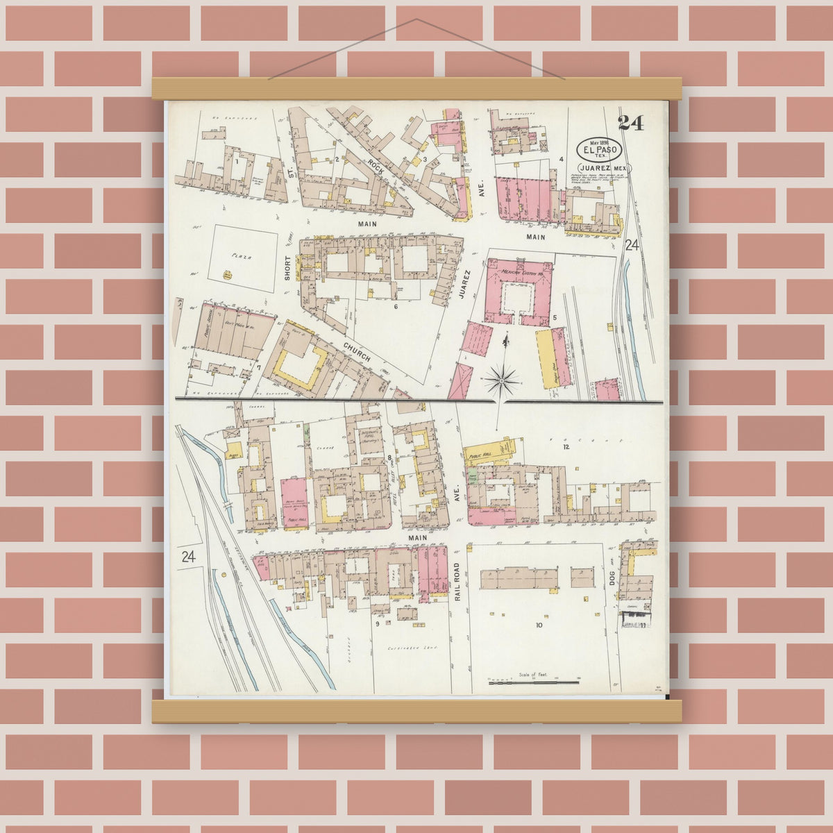 Old map wall art mockup — magnetic wood frame on brick wall — Sanborn Fire Insurance Map from El Paso, El Paso County, Texas (1898), Sheet #0024