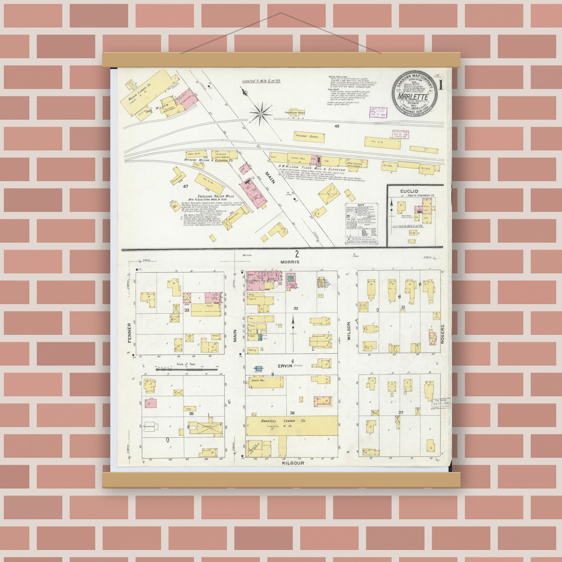 Old map wall art mockup — magnetic wood frame on brick wall — Sanborn Fire Insurance Map from Marlette, Sanilac County, Michigan (1909) - Complete Map Set