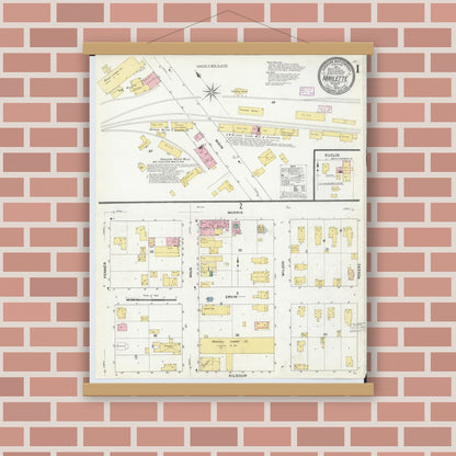 Old map wall art mockup — magnetic wood frame on brick wall — Sanborn Fire Insurance Map from Marlette, Sanilac County, Michigan (1909) - Complete Map Set