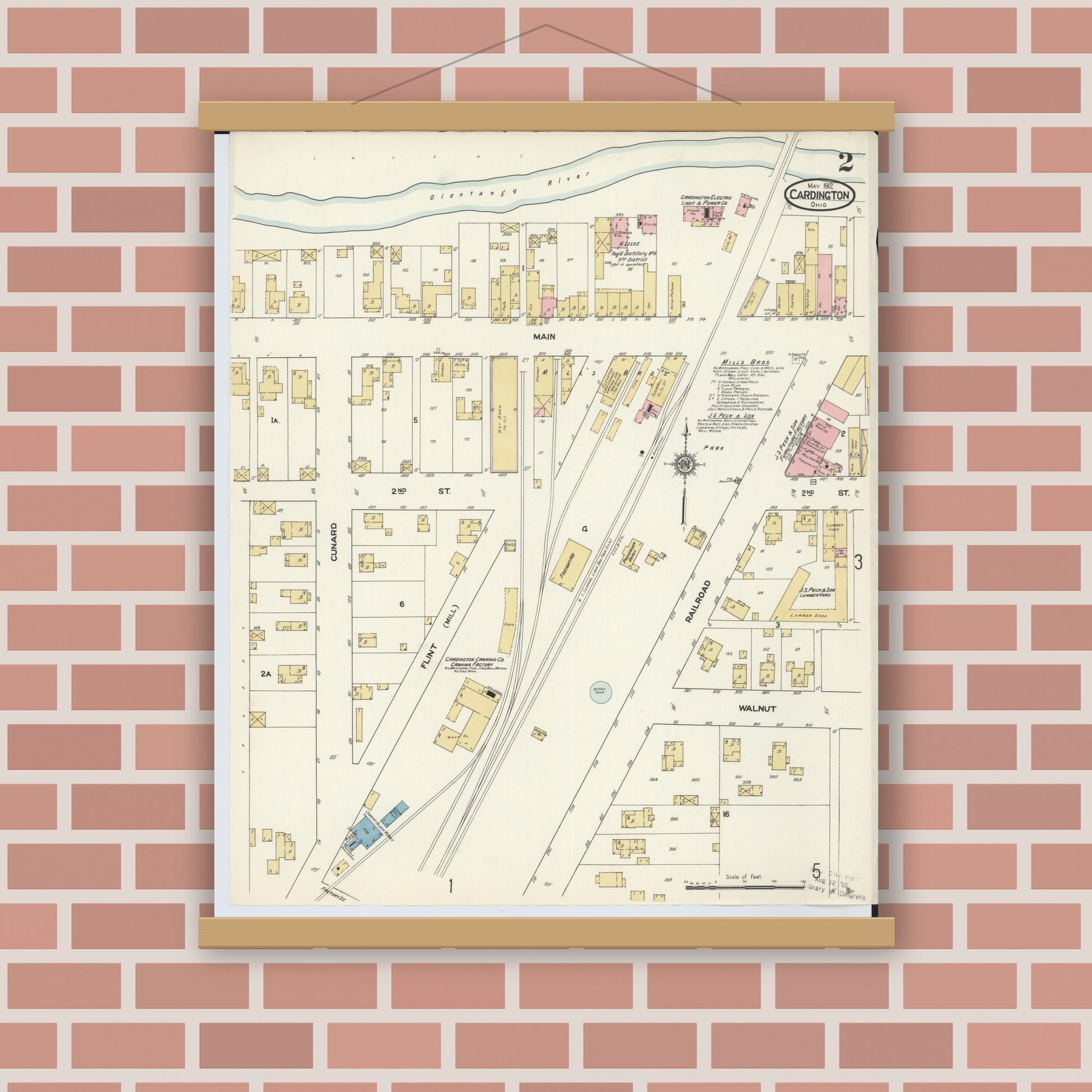 Old map wall art mockup — magnetic wood frame on brick wall — Sanborn Fire Insurance Map from Cardington, Morrow County, Ohio (1912), Sheet #0002