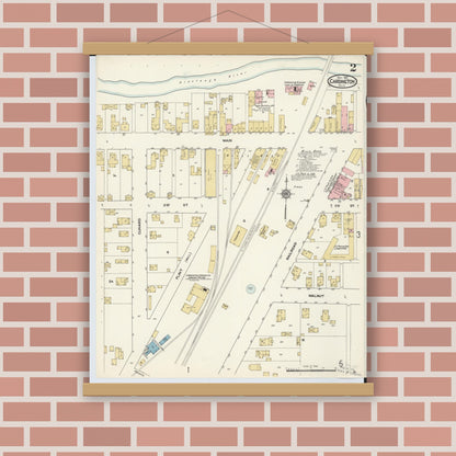 Old map wall art mockup — magnetic wood frame on brick wall — Sanborn Fire Insurance Map from Cardington, Morrow County, Ohio (1912), Sheet #0002