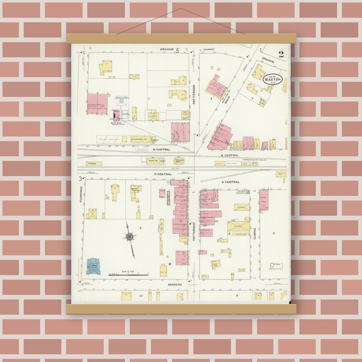 Old map wall art mockup — magnetic wood frame on brick wall — Sanborn Fire Insurance Map from Maxton, Robeson County, North Carolina (1911), Sheet #0002