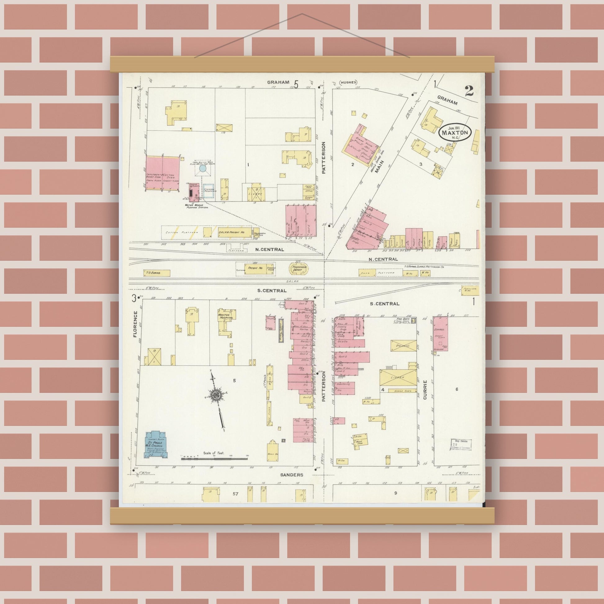 Old map wall art mockup — magnetic wood frame on brick wall — Sanborn Fire Insurance Map from Maxton, Robeson County, North Carolina (1911), Sheet #0002