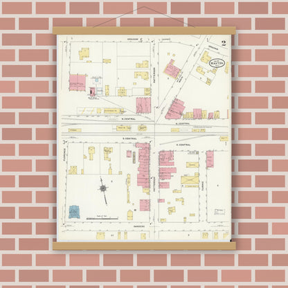 Old map wall art mockup — magnetic wood frame on brick wall — Sanborn Fire Insurance Map from Maxton, Robeson County, North Carolina (1911), Sheet #0002