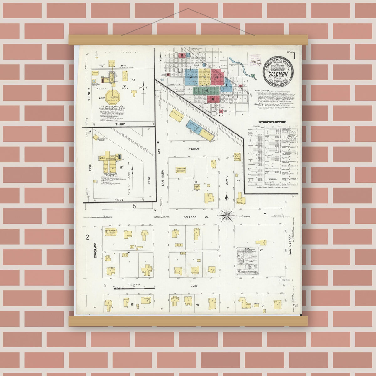 Old map wall art mockup — magnetic wood frame on brick wall — Sanborn Fire Insurance Map from Coleman, Coleman County, Texas (1909), Sheet #0001