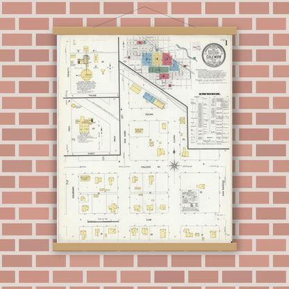 Old map wall art mockup — magnetic wood frame on brick wall — Sanborn Fire Insurance Map from Coleman, Coleman County, Texas (1909), Sheet #0001