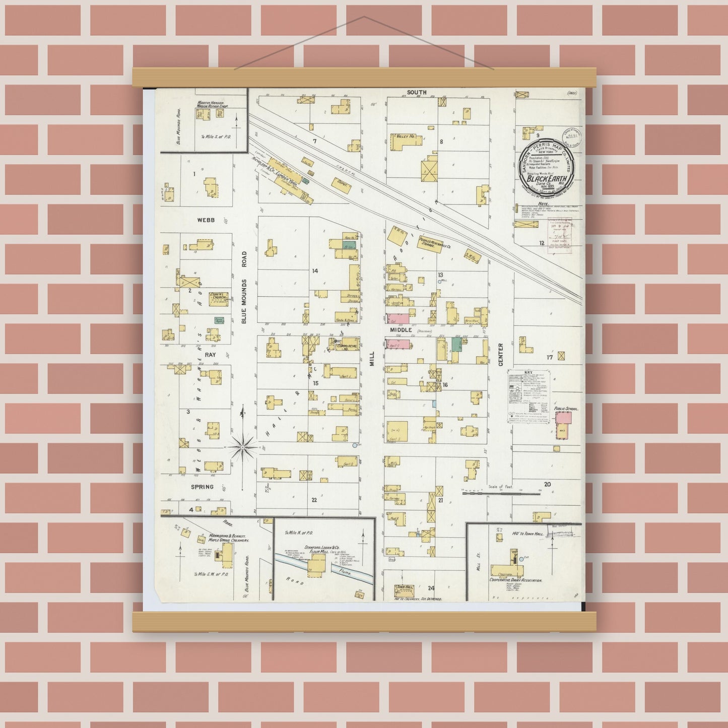 Old map wall art mockup — magnetic wood frame on brick wall — Sanborn Fire Insurance Map from Black Earth, Dane County, Wisconsin (1899), Sheet #0001