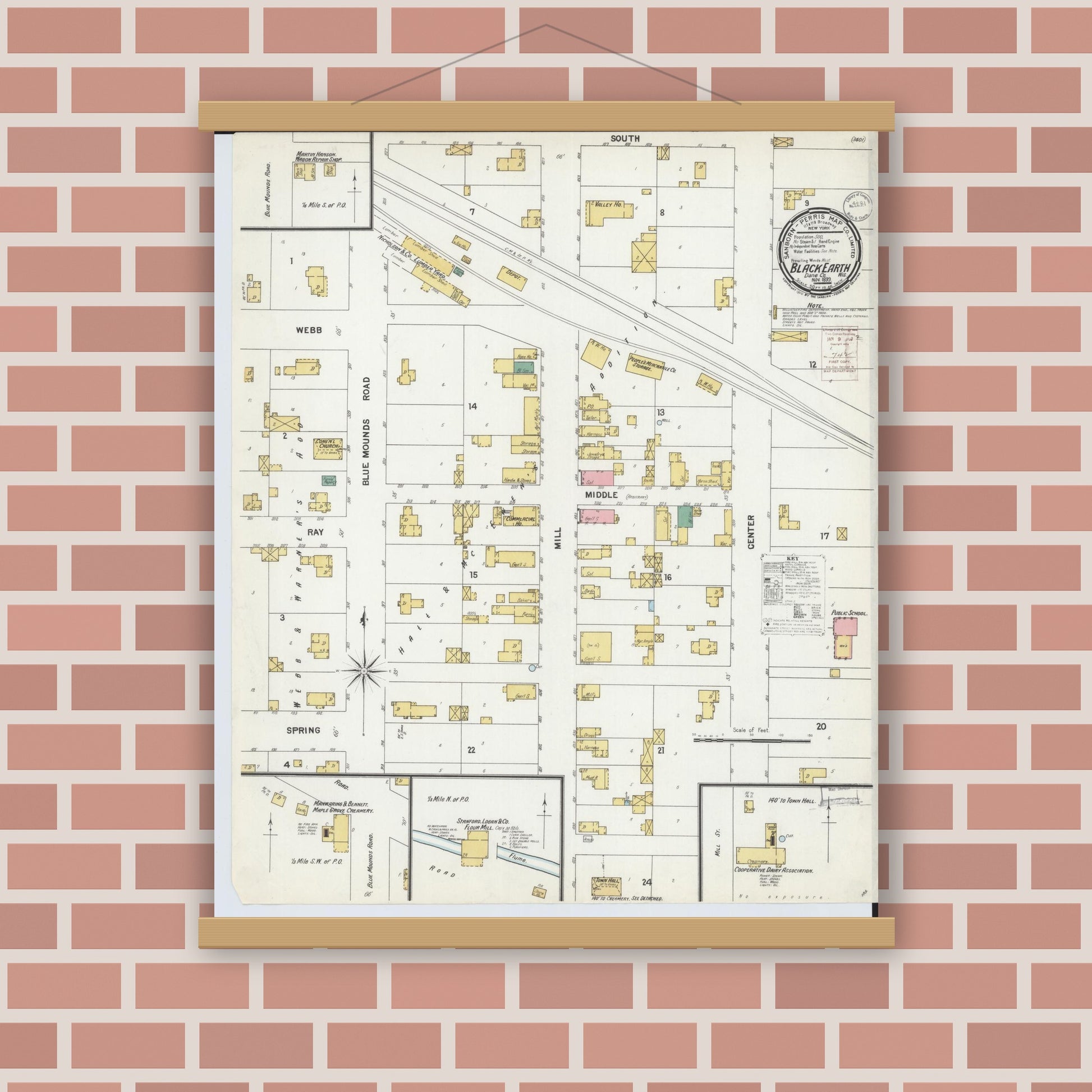 Old map wall art mockup — magnetic wood frame on brick wall — Sanborn Fire Insurance Map from Black Earth, Dane County, Wisconsin (1899), Sheet #0001