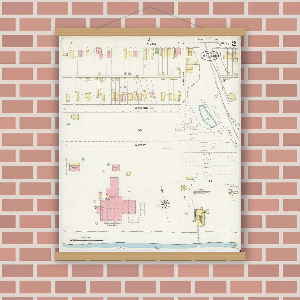 Old map wall art mockup — magnetic wood frame on brick wall — Sanborn Fire Insurance Map from Madison, Jefferson County, Indiana (1897), Sheet #0002