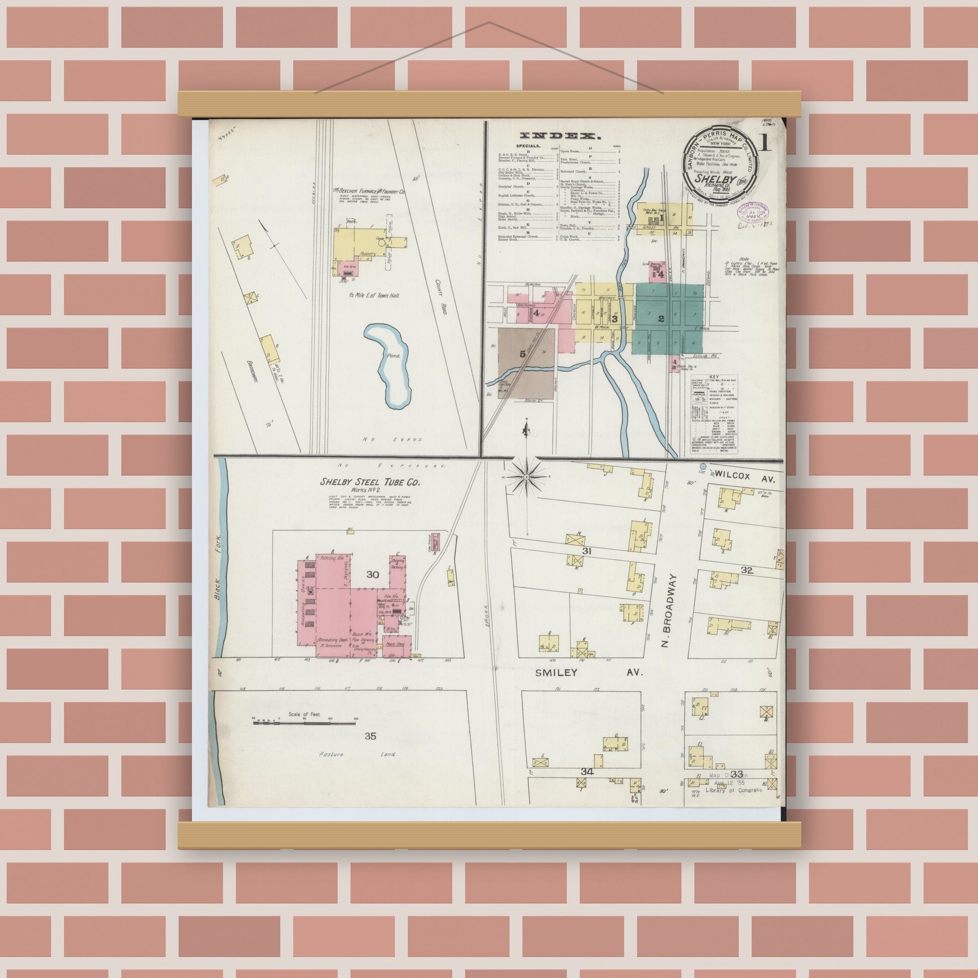 Old map wall art mockup — magnetic wood frame on brick wall — Sanborn Fire Insurance Map from Shelby, Richland County, Ohio (1893), Sheet #0001