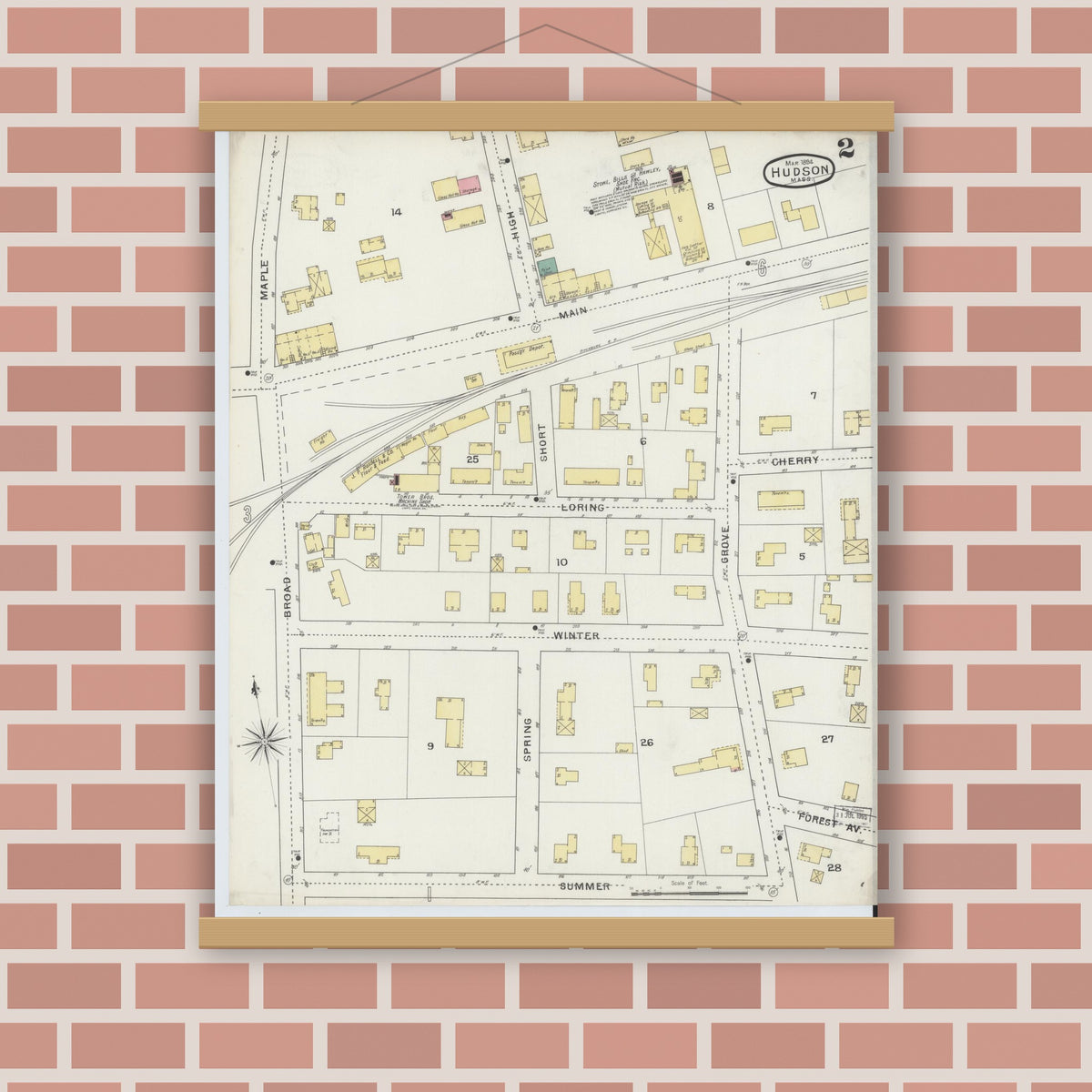 Old map wall art mockup — magnetic wood frame on brick wall — Sanborn Fire Insurance Map from Hudson, Middlesex County, Massachusetts (1894), Sheet #0002