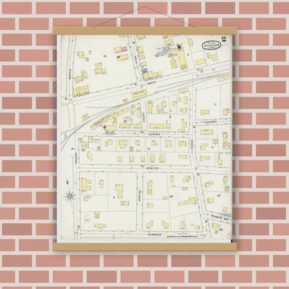 Old map wall art mockup — magnetic wood frame on brick wall — Sanborn Fire Insurance Map from Hudson, Middlesex County, Massachusetts (1894), Sheet #0002