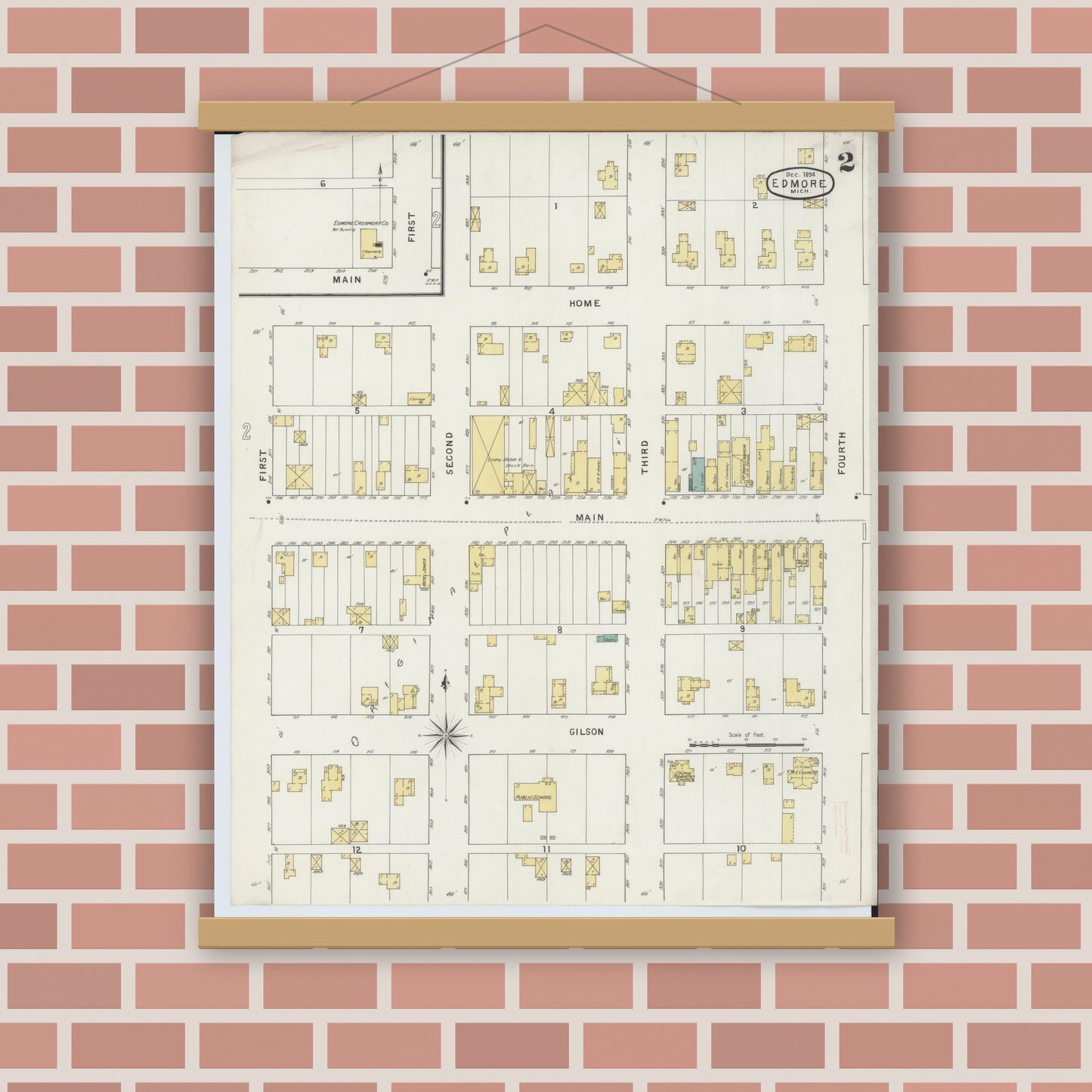 Old map wall art mockup — magnetic wood frame on brick wall — Sanborn Fire Insurance Map from Edmore, Montcalm County, Michigan (1894), Sheet #0002