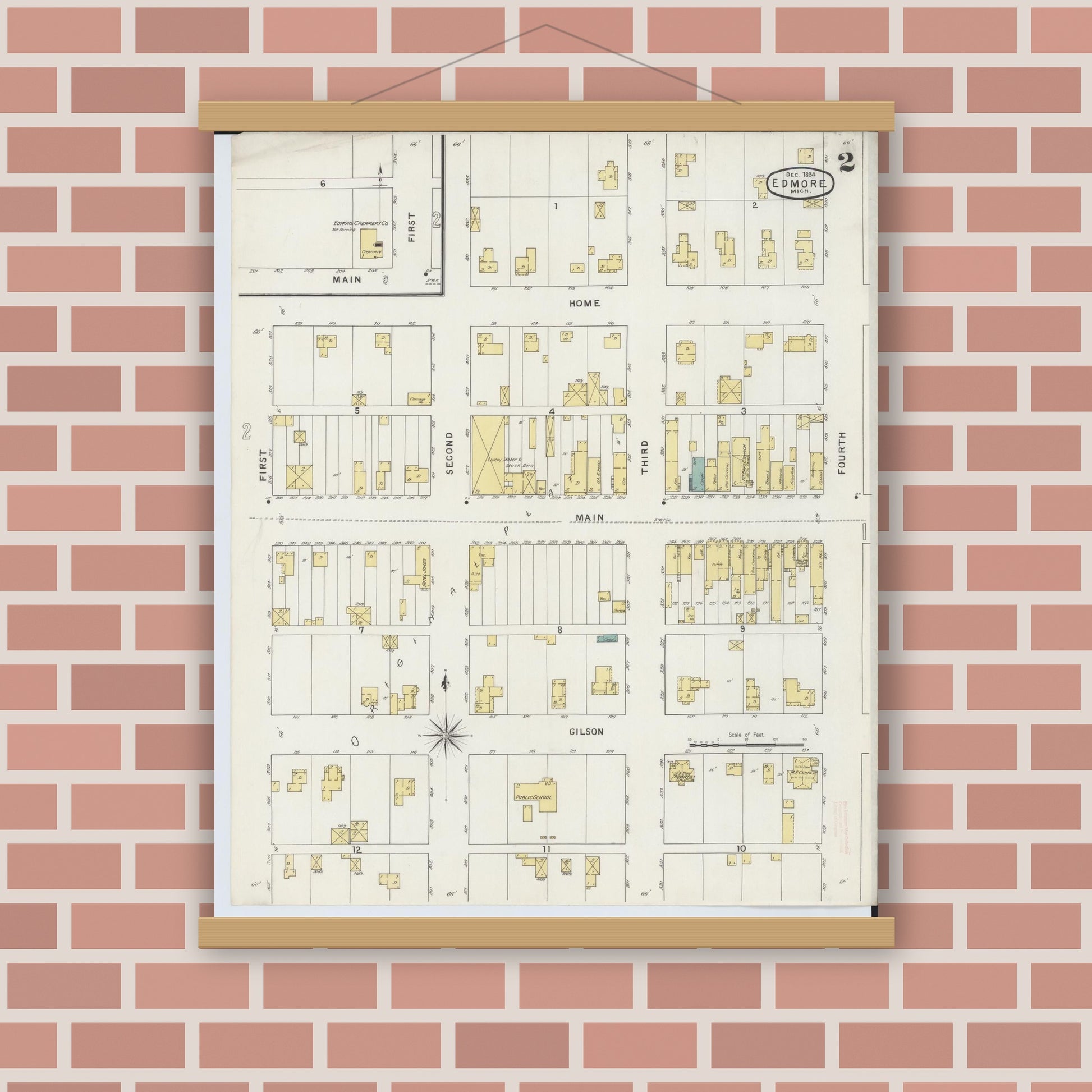 Old map wall art mockup — magnetic wood frame on brick wall — Sanborn Fire Insurance Map from Edmore, Montcalm County, Michigan (1894), Sheet #0002