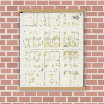 Old map wall art mockup — magnetic wood frame on brick wall — Sanborn Fire Insurance Map from Edmore, Montcalm County, Michigan (1894), Sheet #0002