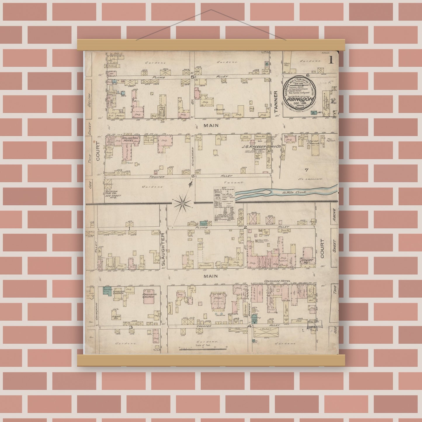 Old map wall art mockup — magnetic wood frame on brick wall — Sanborn Fire Insurance Map from Abingdon, Washington County, Virginia (Unknown), Sheet #0001