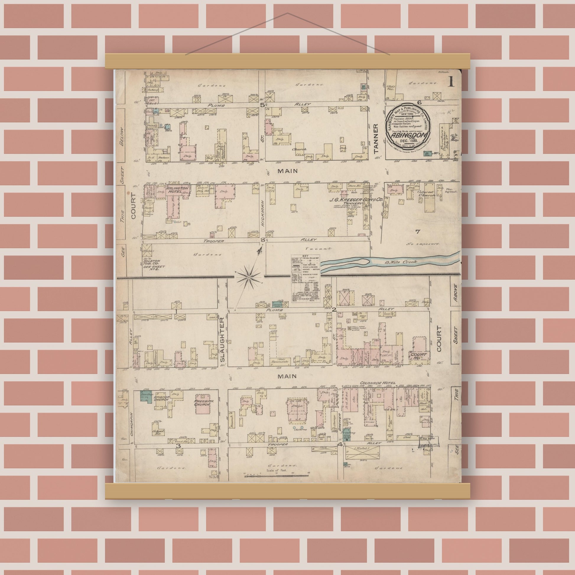 Old map wall art mockup — magnetic wood frame on brick wall — Sanborn Fire Insurance Map from Abingdon, Washington County, Virginia (Unknown), Sheet #0001