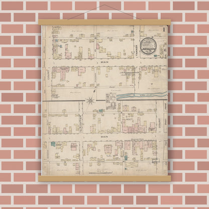 Old map wall art mockup — magnetic wood frame on brick wall — Sanborn Fire Insurance Map from Abingdon, Washington County, Virginia (Unknown), Sheet #0001