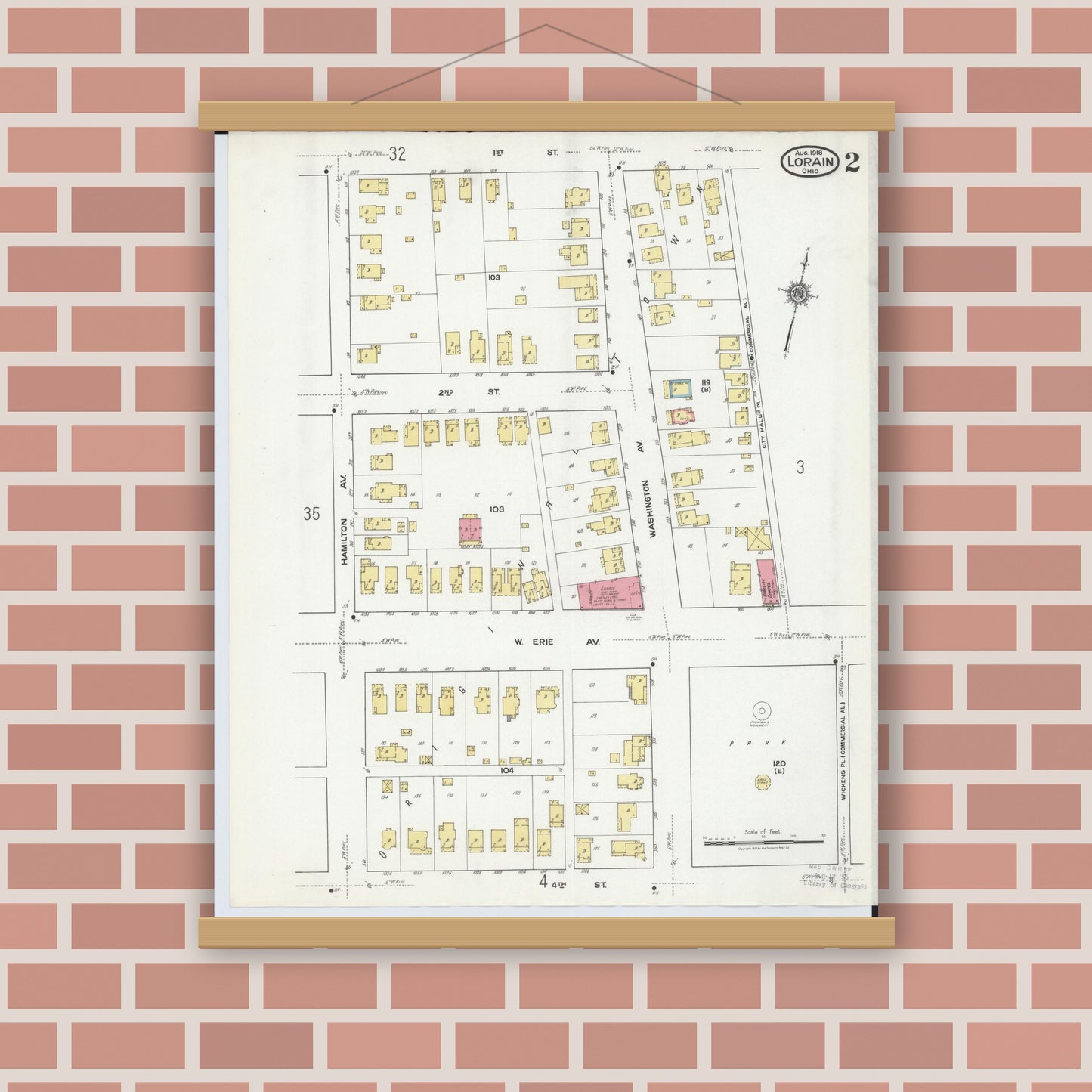 Old map wall art mockup — magnetic wood frame on brick wall — Sanborn Fire Insurance Map from Lorain, Lorain County, Ohio (1918), Sheet #0002
