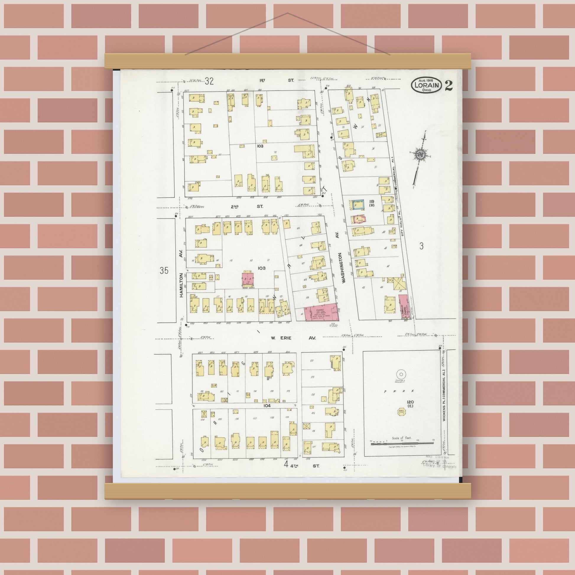 Old map wall art mockup — magnetic wood frame on brick wall — Sanborn Fire Insurance Map from Lorain, Lorain County, Ohio (1918), Sheet #0002