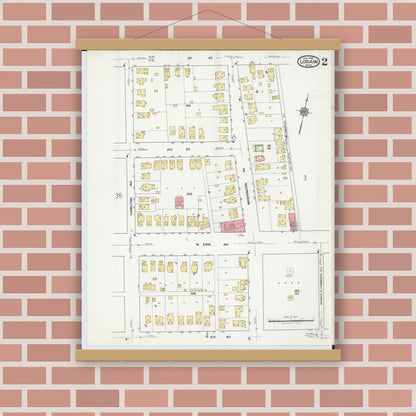 Old map wall art mockup — magnetic wood frame on brick wall — Sanborn Fire Insurance Map from Lorain, Lorain County, Ohio (1918), Sheet #0002
