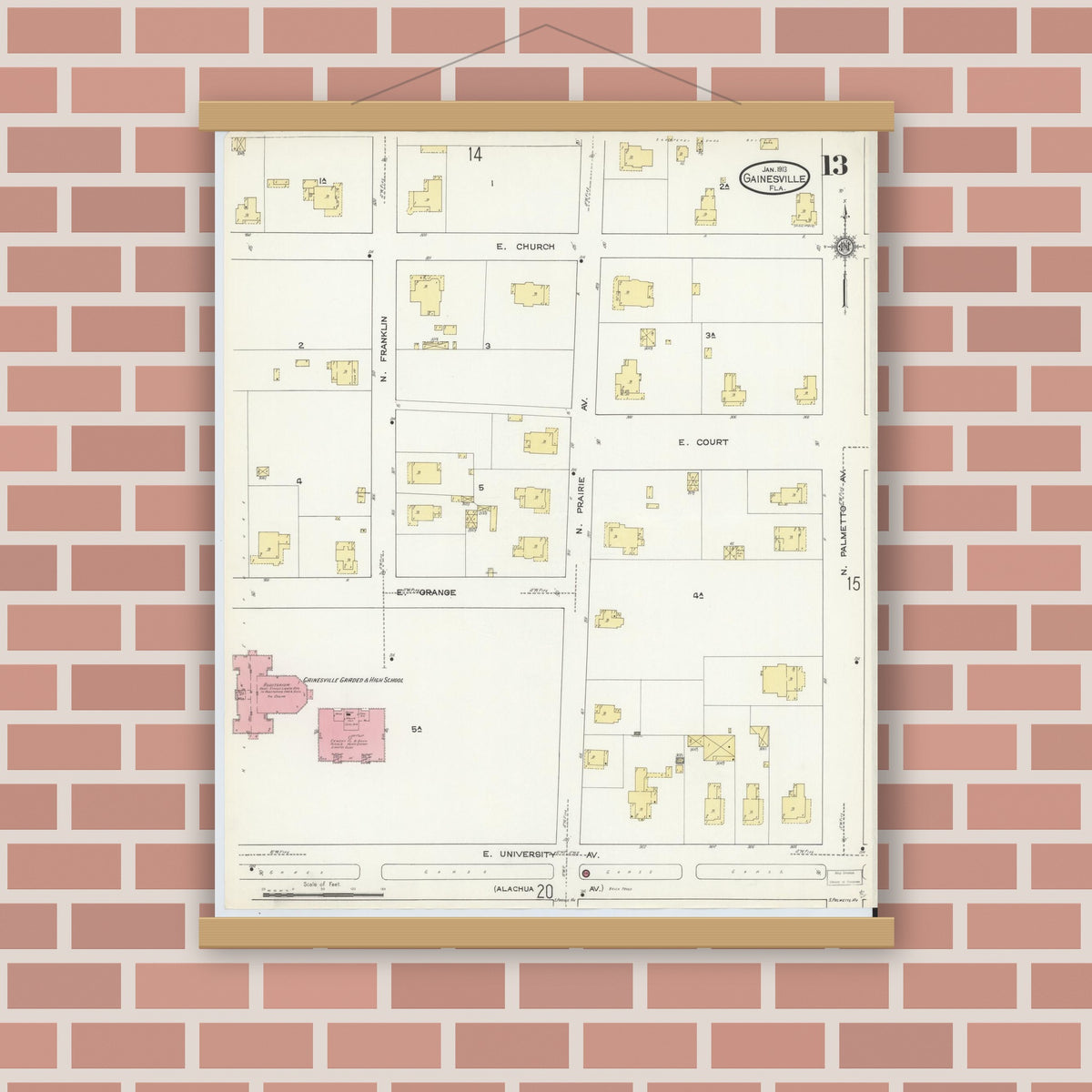 Old map wall art mockup — magnetic wood frame on brick wall — Sanborn Fire Insurance Map from Gainesville, Alachua County, Florida (1913), Sheet #0013