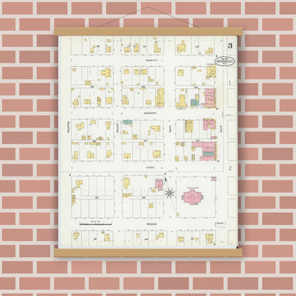 Old map wall art mockup — magnetic wood frame on brick wall — Sanborn Fire Insurance Map from Groesbeck, Limestone County, Texas (1906), Sheet #0003