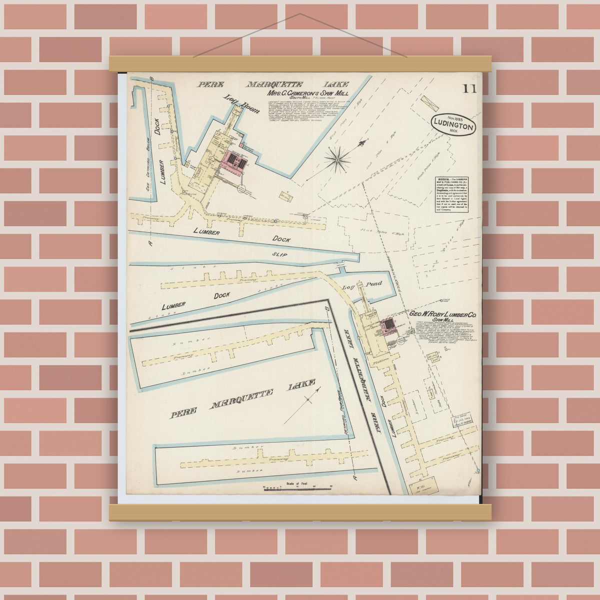 Old map wall art mockup — magnetic wood frame on brick wall — Sanborn Fire Insurance Map from Ludington, Mason County, Michigan (1883), Sheet #0011