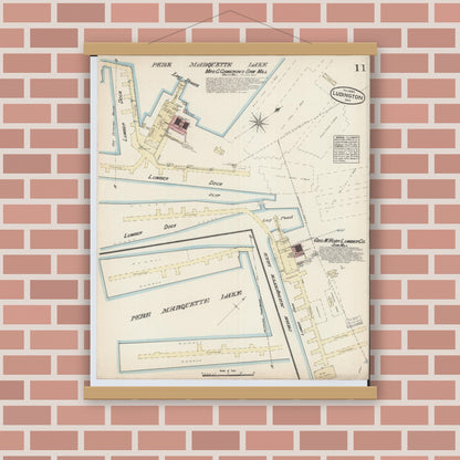 Old map wall art mockup — magnetic wood frame on brick wall — Sanborn Fire Insurance Map from Ludington, Mason County, Michigan (1883), Sheet #0011