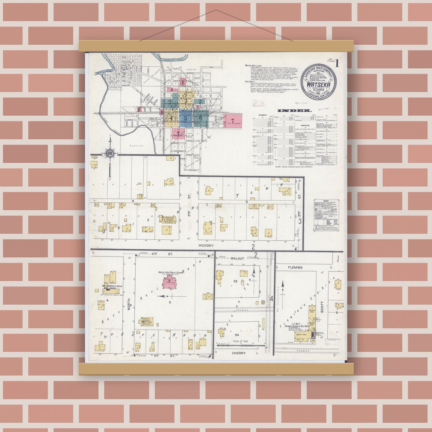 Old map wall art mockup — magnetic wood frame on brick wall — Sanborn Fire Insurance Map from Watseka, Iroquois County, Illinois (1911) - Complete Map Set