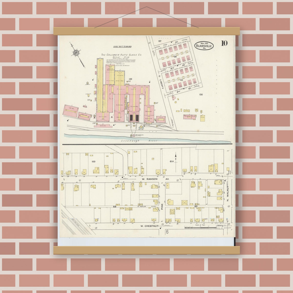 Old map wall art mockup — magnetic wood frame on brick wall — Sanborn Fire Insurance Map from Blairsville, Indiana County, Pennsylvania (1915), Sheet #0010