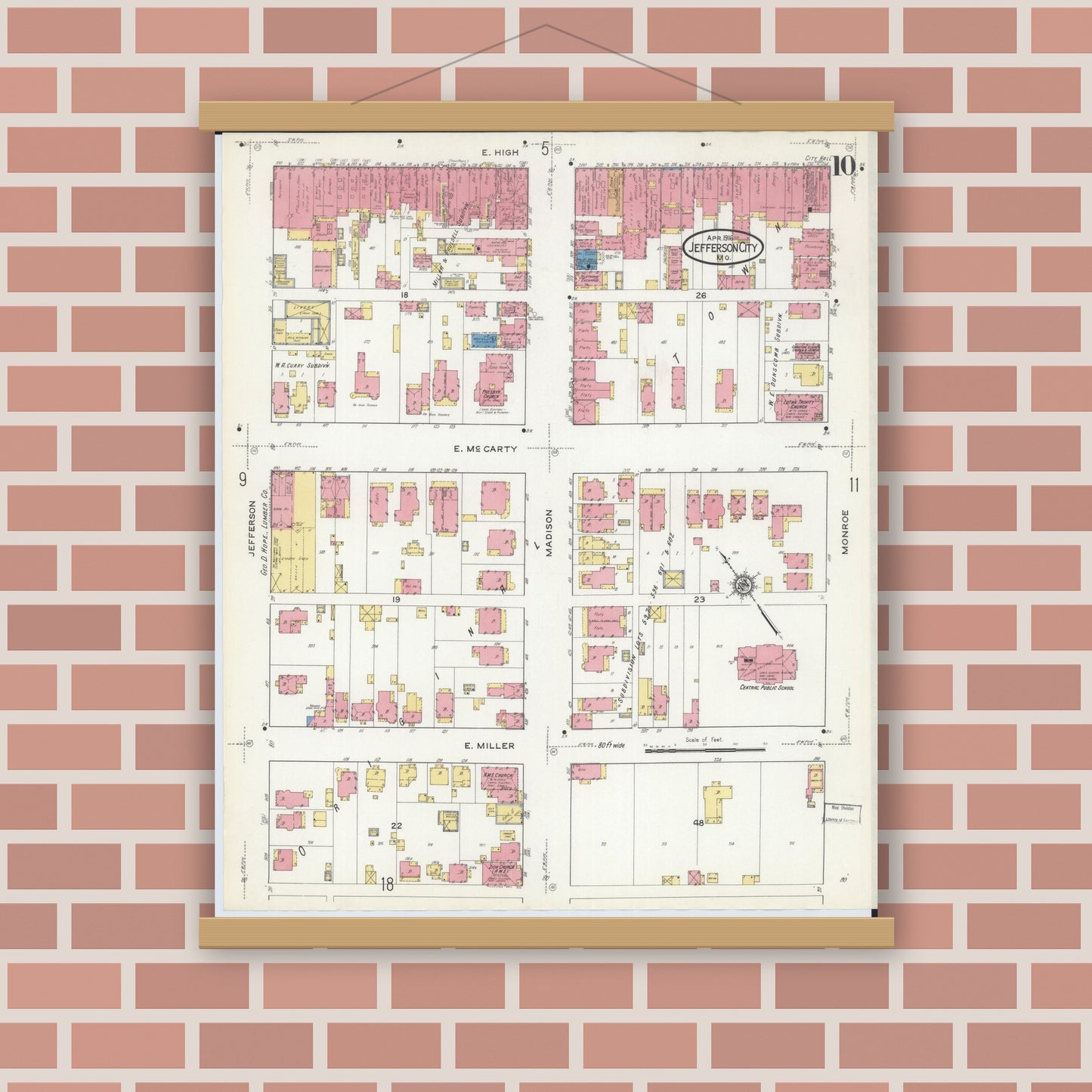 Old map wall art mockup — magnetic wood frame on brick wall — Sanborn Fire Insurance Map from Jefferson City, Cole County, Missouri (1916), Sheet #0010