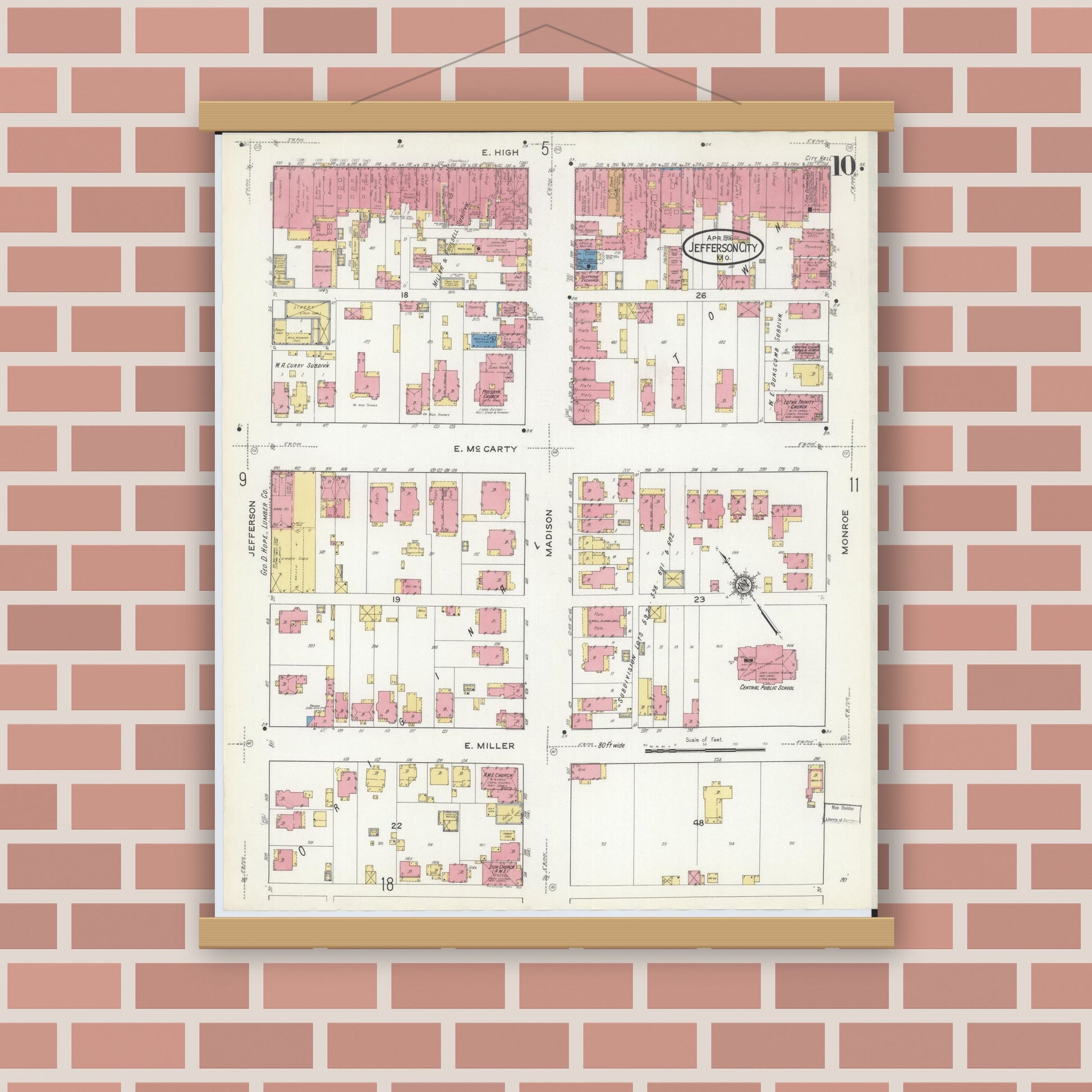 Old map wall art mockup — magnetic wood frame on brick wall — Sanborn Fire Insurance Map from Jefferson City, Cole County, Missouri (1916), Sheet #0010