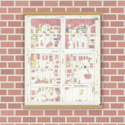 Old map wall art mockup — magnetic wood frame on brick wall — Sanborn Fire Insurance Map from Jefferson City, Cole County, Missouri (1916), Sheet #0010