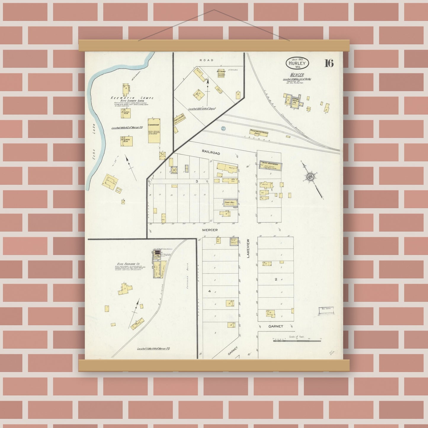 Old map wall art mockup — magnetic wood frame on brick wall — Sanborn Fire Insurance Map from Hurley, Iron County, Wisconsin (1913), Sheet #0016